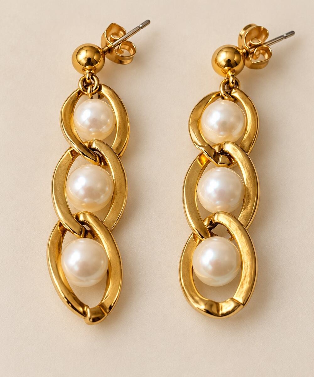 Vintage Gold Tone Triple Pearl Link Drop Earrings